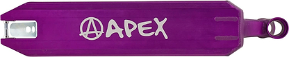 The Apex Pro Purple Stunt Scooter Deck, measuring 4.5" x 19.3", showcases a sleek design with a silver "Apex" logo that incorporates an anarchy symbol in the "A." This durable deck is designed for those who seek both style and top-notch performance, featuring a lightweight yet robust build and a cutout near the rear wheel.