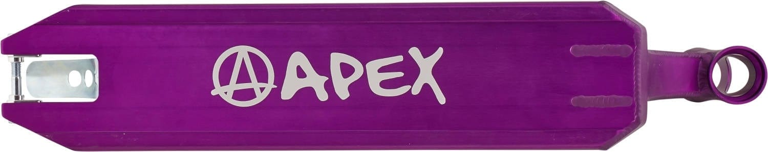 Introducing the Apex Pro Purple Stunt Scooter Deck, measuring 4.5" x 20.1", this sturdy deck showcases a rectangular shape with the word "APEX" prominently displayed in bold white letters alongside an integrated anarchy symbol. Its design also includes a circular cutout at one end for easy attachment, merging durability with fashionable appeal.