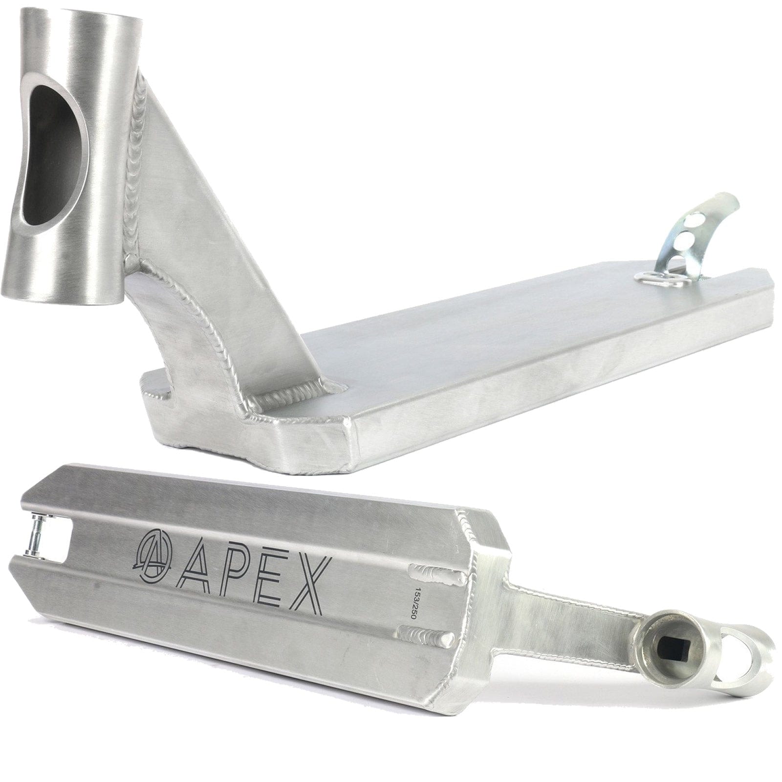 Two views of the Apex 5″ Tapered Stunt Scooter Deck - Silver 20.1″ (600mm) by Apex: one shows the side profile and head tube, while the other displays the underside with a prominent “APEX” engraving. Both images highlight smooth welds and a cutout near the brake area, underscoring this deck’s durability for both park and street riding.