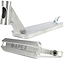 Two views of the Apex 5″ Tapered Stunt Scooter Deck - Silver 20.1″ (600mm) by Apex: one shows the side profile and head tube, while the other displays the underside with a prominent “APEX” engraving. Both images highlight smooth welds and a cutout near the brake area, underscoring this deck’s durability for both park and street riding.