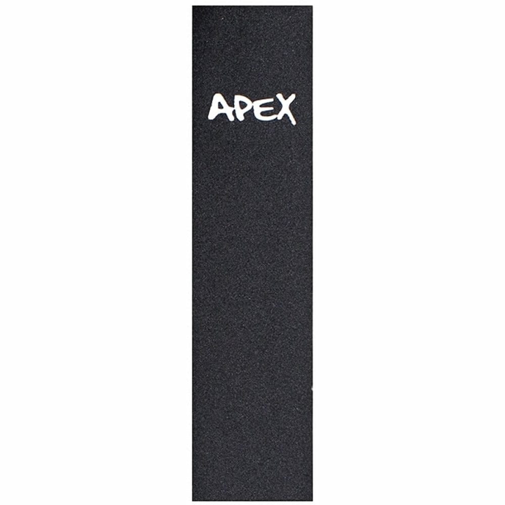 This long rectangular black scooter griptape, made with strong adhesive, showcases the sleek white "APEX" laser cut lettering at the top.