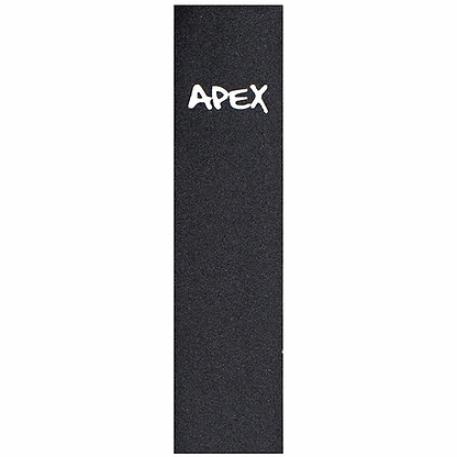 This long rectangular black scooter griptape, made with strong adhesive, showcases the sleek white "APEX" laser cut lettering at the top.