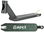 Introducing the Apex Pro Black Splash Stunt Scooter Deck: a lightweight deck measuring 4.5" x 18.1", featuring a sleek design with green speckles and the iconic Apex logo. Engineered for durability, it includes a cutout end, reinforced plate for stability, rear wheel bracket, and stylized graphics that are perfect for any stunt enthusiast.