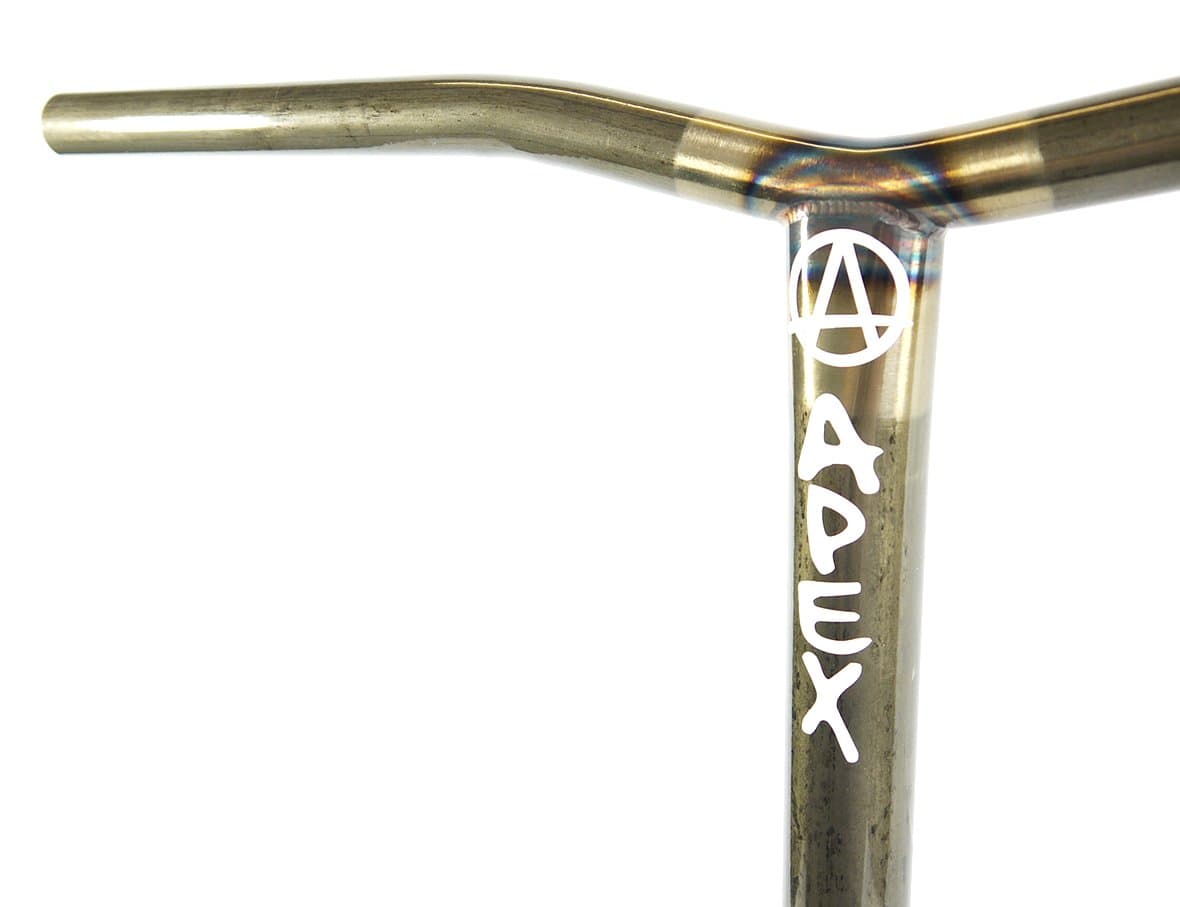 A close-up captures the metallic handlebar of an Apex Bol Steel Oversized HIC Stunt Scooter, exhibiting a shiny finish and a Y-bar design. The word "APEX" along with an "A" within a circle logo is printed in white on the vertical part. Crafted from 4130 Chromoly Steel, it offers a combination of simplicity and a sleek, polished appearance.