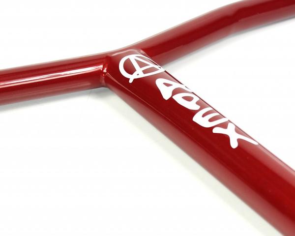 Close-up of a red handlebar with white graphics featuring the "Apex" text and a stylized "A" logo. Made from 4130 Chromoly Steel for enhanced durability and scratch resistance, the image highlights the point where the Apex Bol Steel Oversized HIC Stunt Scooter Bars connect.