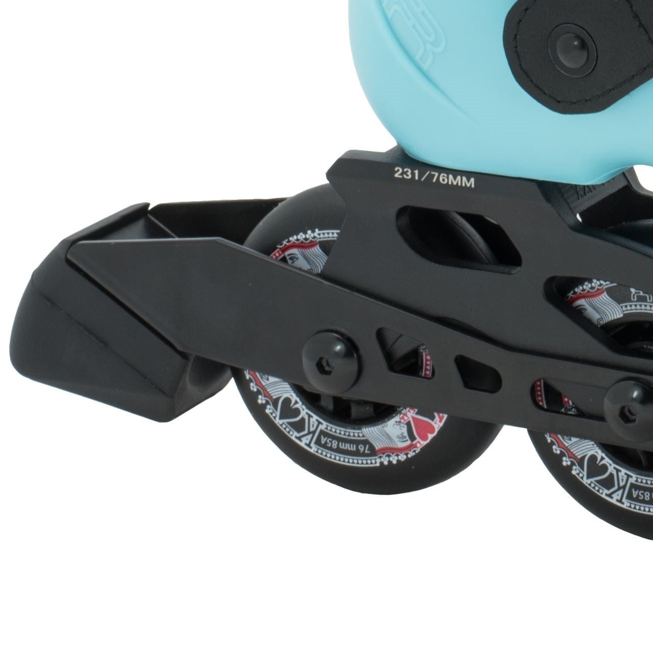 Close-up of the FR Skates Junior Adjustable Inline Skates in blue, featuring two black wheels with a decorative pattern. The frame, marked "231/76MM," includes X2R rocker-able frames for enhanced performance and boasts a black toe stop along with a reinforced frame for added durability.