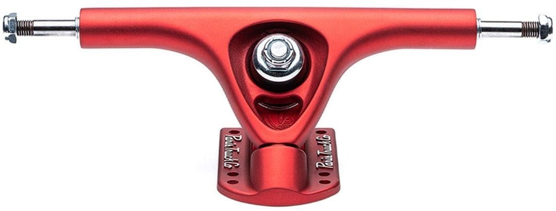 Scarlet red skateboard truck featuring a central bolt with horizontally extended axles. Engraved on the baseplate is "Paris V3 Scarlet Red Longboard Trucks," ensuring durability. The sleek and symmetrical design boasts a metallic finish that highlights its strength and craftsmanship.