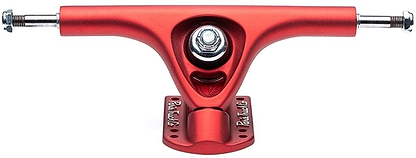 Scarlet red skateboard truck featuring a central bolt with horizontally extended axles. Engraved on the baseplate is "Paris V3 Scarlet Red Longboard Trucks," ensuring durability. The sleek and symmetrical design boasts a metallic finish that highlights its strength and craftsmanship.