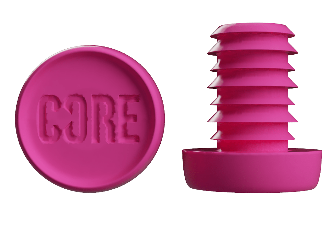 Two pink plastic items are displayed. On the left is a circular cap embossed with the brand name "CORE", resembling resin bar ends. On the right is a ridged, screw-like stopper with a flat base, designed to fit together seamlessly like components of handlebars from the CORE Standard Scooter Bar Ends in Pink by CORE.