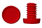 A premium quality resin object in red, with the word "CORE" embossed on the flat surface, is paired with a grooved red cylindrical piece for sleek and durable bar ends, part of the CORE Standard Scooter Bar Ends - Red collection.