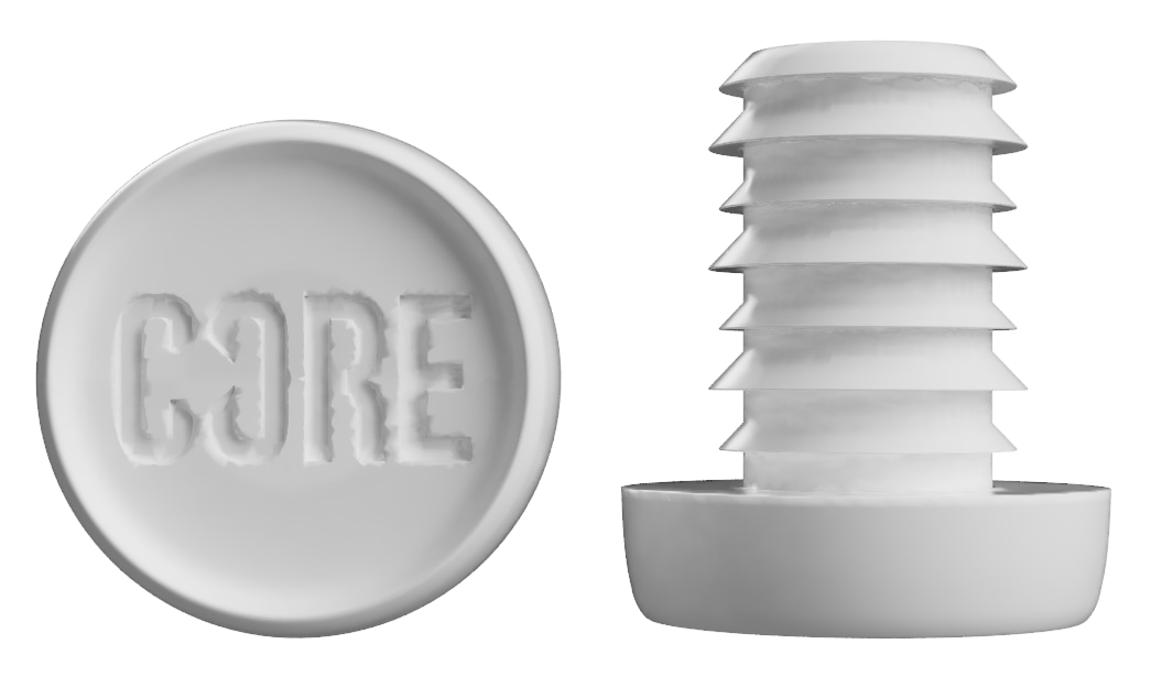 A product from CORE, known as the Standard Scooter Bar Ends in white, includes a two-part structure made from premium quality resin. The left circular piece is embossed with "CORE," while the right component mimics a screw with multiple ridges, both contributing to a sleek bar end appearance.