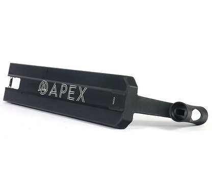 The Apex Pro Black Boxed Stunt Scooter Deck by Apex boasts a sleek, angular design with "APEX" prominently displayed in white. Constructed with T6 heat treatment for enhanced durability, the deck features boxed ends and a visible headtube set against a pristine black background.
