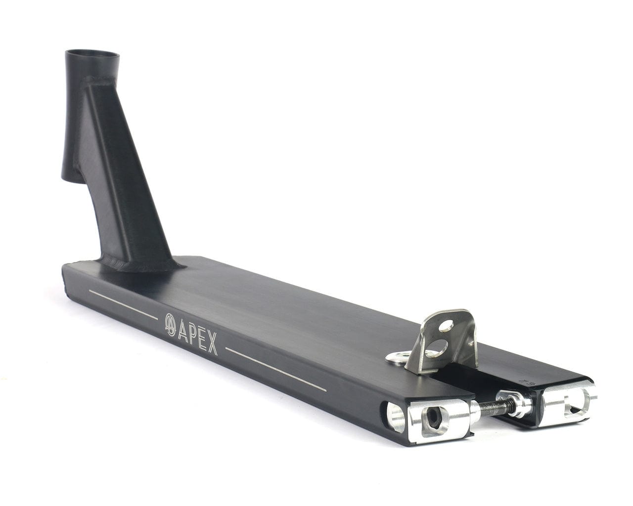 Close-up of the Apex Pro Black Boxed Stunt Scooter Deck in black, showcasing its sleek design with "APEX" branding on the side. This 5" x 20.1" deck features a welded brake and a concave surface for enhanced grip, presenting a robust and durable appearance that makes it perfect for freestyle scootering.