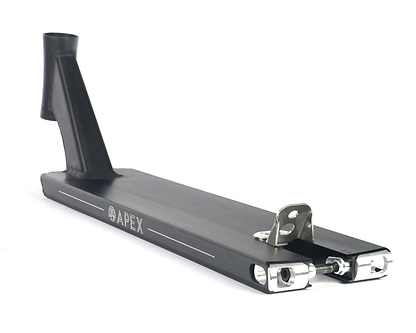 The Apex Pro Black Boxed Stunt Scooter Deck, measuring 5" x 20.9", features silver accents with the word "Apex" elegantly inscribed on the side. It is designed with boxed deck ends, an angular neck for handlebar connection, and rear axle mounts for wheel attachment. The deck's durability is enhanced by T6 heat treatment.