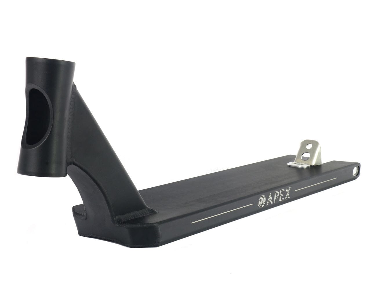 The Apex Pro Black Boxed Stunt Scooter Deck, measuring 5" x 20.1", boasts a silver brake alongside its sleek, angular tube neck and subtle branding on the base. This durable deck is crafted for both style and performance.