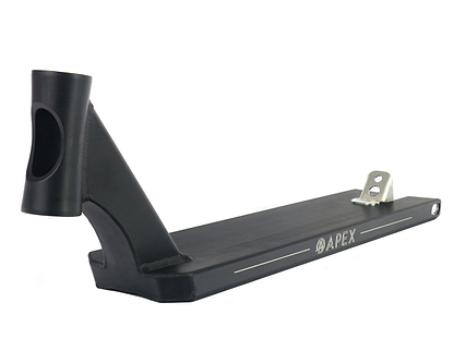 The Apex Pro Black Boxed Stunt Scooter Deck - 5" x 20.9" features a sleek matte black finish with the "Apex" brand name in white. This deck is designed for freestyle or stunt scootering, offering a sturdy headtube, rear brake mount, durable T6 heat treatment, and boxed deck ends to enhance performance.