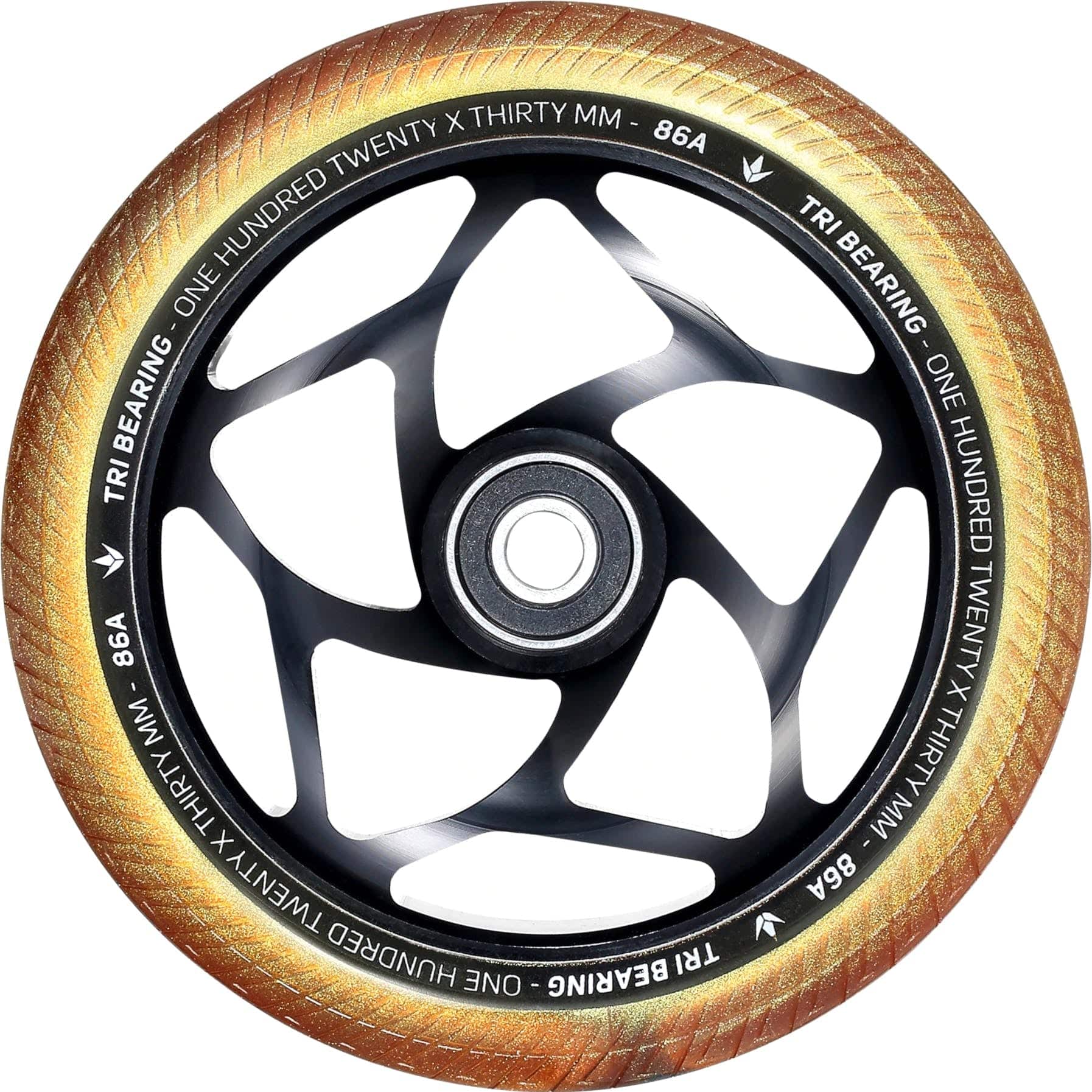 The Blunt Envy Tri-Bearing 120mm x 30mm Scooter Wheel in Black/Gold boasts a sleek black rim and a 120mm diameter, enhancing control with its innovative Tri-Bearing design.