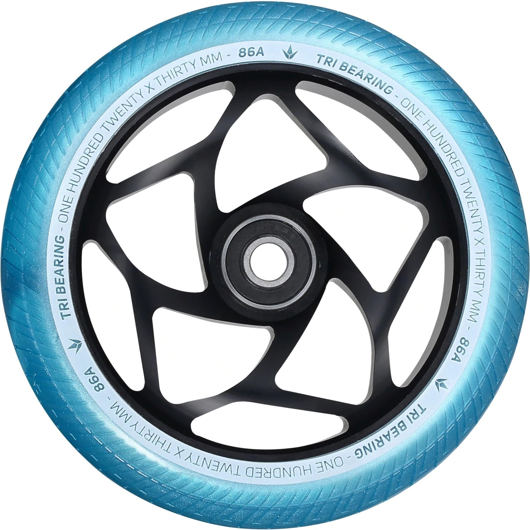 A close-up of a Blunt Envy Tri-Bearing 120mm x 30mm scooter wheel in teal and black highlights its sophisticated Tri-Bearing design and intricate spoke pattern. The tire, labeled "120x30mm" with an "86A" hardness rating, features a 30mm wide profile for enhanced control. Its center hub is sleek, black, and circular.