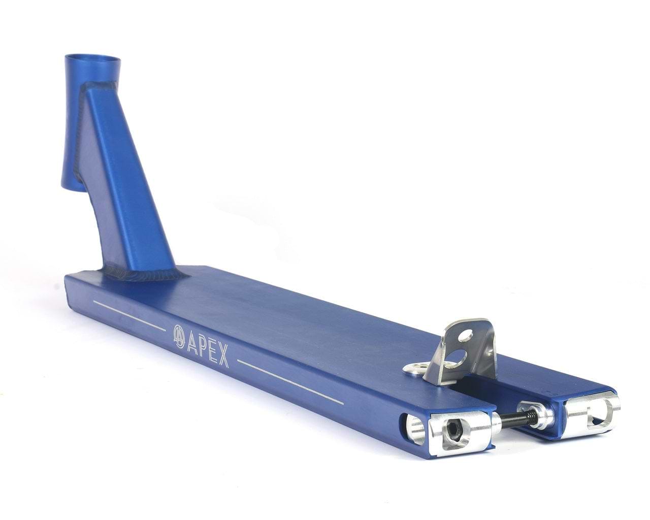 The Apex Pro Blue Boxed Stunt Scooter Deck, measuring 5" x 20.1", showcases a sleek design with a distinctive silver "APEX" logo. This durable deck includes integrated cutouts near the front and sports boxed ends, along with a brake attachment point at the rear. It's beautifully captured against a plain white background.