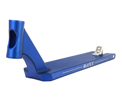 The Apex Pro Blue Boxed Stunt Scooter Deck (5" x 20.1") from Apex boasts a slanted neck and cutout detail, displaying the brand's logo prominently. Equipped with a metal brake at the rear, this robust deck offers a streamlined and minimalistic design with boxed deck ends.