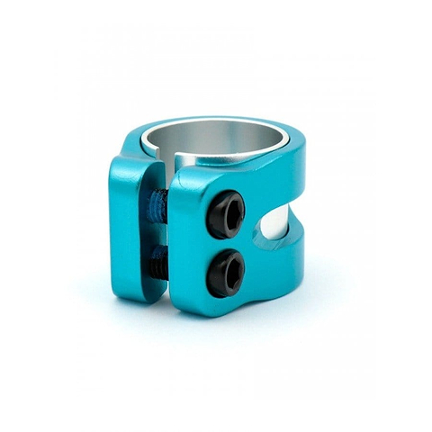 The Blunt Envy Twin Slit 2 Bolt Oversized Scooter Clamp - Teal is a lightweight aluminium clamp designed for securing two cylindrical objects. It features black screws and a partially hollowed center, with a compact, sleek design and glossy finish, making it perfect for stunt scooters.