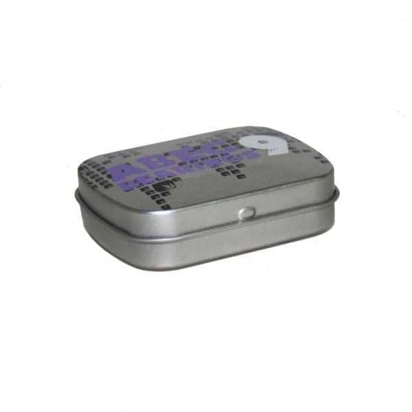 A small, rectangular metal tin with a silver finish and purple text on the lid hints at the high performance of the Blunt Envy ABEC 9 Scooter Bearings - 4 Pack inside. The tin appears closed against a white background.