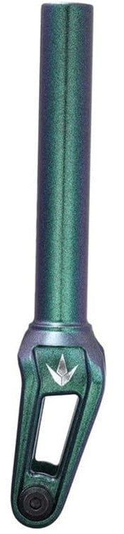 Introducing the Blunt Envy Declare V2 IHC Stunt Scooter Forks in Jade, featuring a metallic green finish with a sleek, elongated design perfect for Blunt Envy enthusiasts. The lower part showcases an open triangular cutout and includes a bolt hole at the bottom, ensuring compatibility with the IHC Compression Kit.