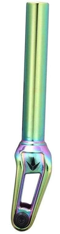 The Blunt Envy Declare V2 IHC stunt scooter fork, crafted from CNC 6063 aluminum, features a vibrant oil slick neochrome finish and a geometric emblem near the base, making it ideal for any stunt scooter enthusiast.