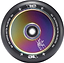 Introducing the Blunt Envy 110mm Hollow Core Stunt Scooter Wheel in Oil Slick Neochrome, featuring the brand's iconic shiny, rainbow-reflective hub. It includes a black rubber outer layer with white text that reads "ONE HUNDRED AND TEN MILLIMETER" and "110", ensuring top-tier performance through its Hollowcore Wheels design, accentuated by a star graphic on the reflective surface.