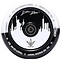 The Blunt Envy 120mm Jon Reyes Signature Hollow Core Stunt Scooter Wheel in black and white features a city skyline silhouette with the Statue of Liberty. In the center, it boasts a circular metallic component and Jon Reyes' signature, encircled by various model specifications on the rim, showcasing the expertise in hollow core wheel design.