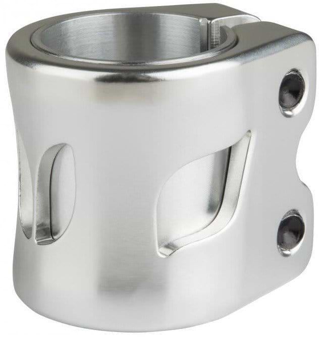 The Blazer Pro Altus 2 Bolt Oversized Stunt Scooter Clamp in silver is a metal component designed with two bolt holes and a cylindrical opening. Its sleek finish and rounded edges make it ideal for securing or joining cylindrical objects in Black scooter parts, especially compatible with IHC and HIC compression systems.