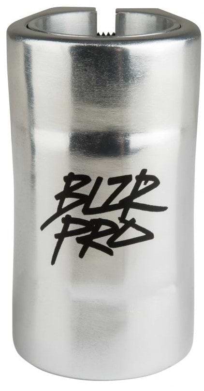 Silver cylindrical metallic clamp with the bold black "Blazer Pro" branding, perfect for enthusiasts of the Blazer Pro Team. The top includes a slot with a grooved mechanism, making it an ideal choice for those seeking the performance of an oversized SCS clamp in their scooter parts.