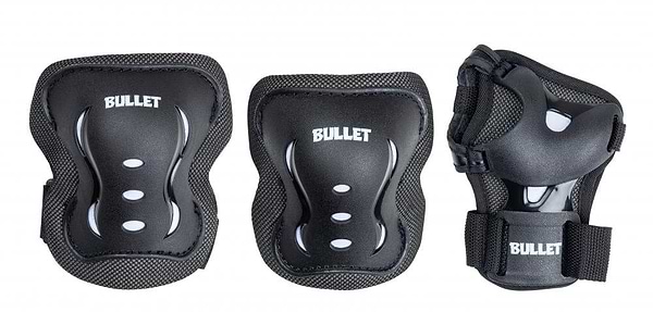 Introducing the Bullet Blast V2 Junior Triple Skate Protection Pad Set in Black/White, this protective gear includes two knee pads and one wrist guard, all showcasing the "Bullet" branding for style. Designed with safety and comfort in mind, these pads feature a sleek design with cushioning and adjustable straps.