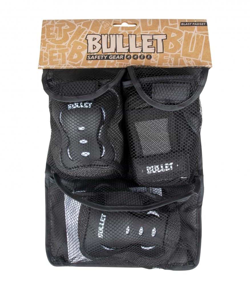 The Bullet Blast V2 Junior Triple Skate Protection Pad Set includes protective gear such as knee pads, elbow pads, and wrist guards packaged in a black mesh bag. The top label proudly displays "Bullet Blast V2 Safety Gear.