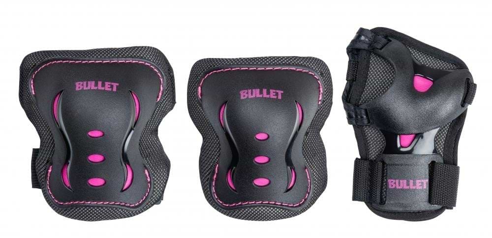 Introducing the Bullet Blast V2 Junior Triple Skate Protection Pad Set in Black and Pink by Bullet, featuring a sleek pair of knee pads and an elbow guard. Designed for action sports enthusiasts, this set offers pink accents for a stylish touch while ensuring top-notch protection.