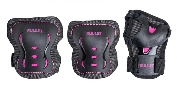 Introducing the Bullet Blast V2 Junior Triple Skate Protection Pad Set in Black and Pink by Bullet, featuring a sleek pair of knee pads and an elbow guard. Designed for action sports enthusiasts, this set offers pink accents for a stylish touch while ensuring top-notch protection.