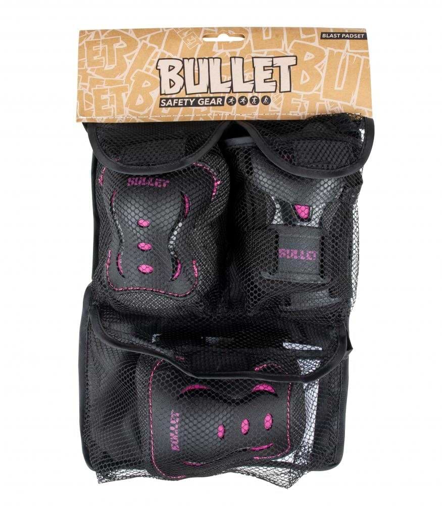 The Bullet Blast V2 Junior Triple Skate Protection Pad Set in black and pink is ideal for action sports enthusiasts. This set, from the brand Bullet, includes knee pads, elbow pads, and wrist guards, all conveniently stored in a black mesh bag. The packaging is brown with bold lettering that prominently reads "Bullet.