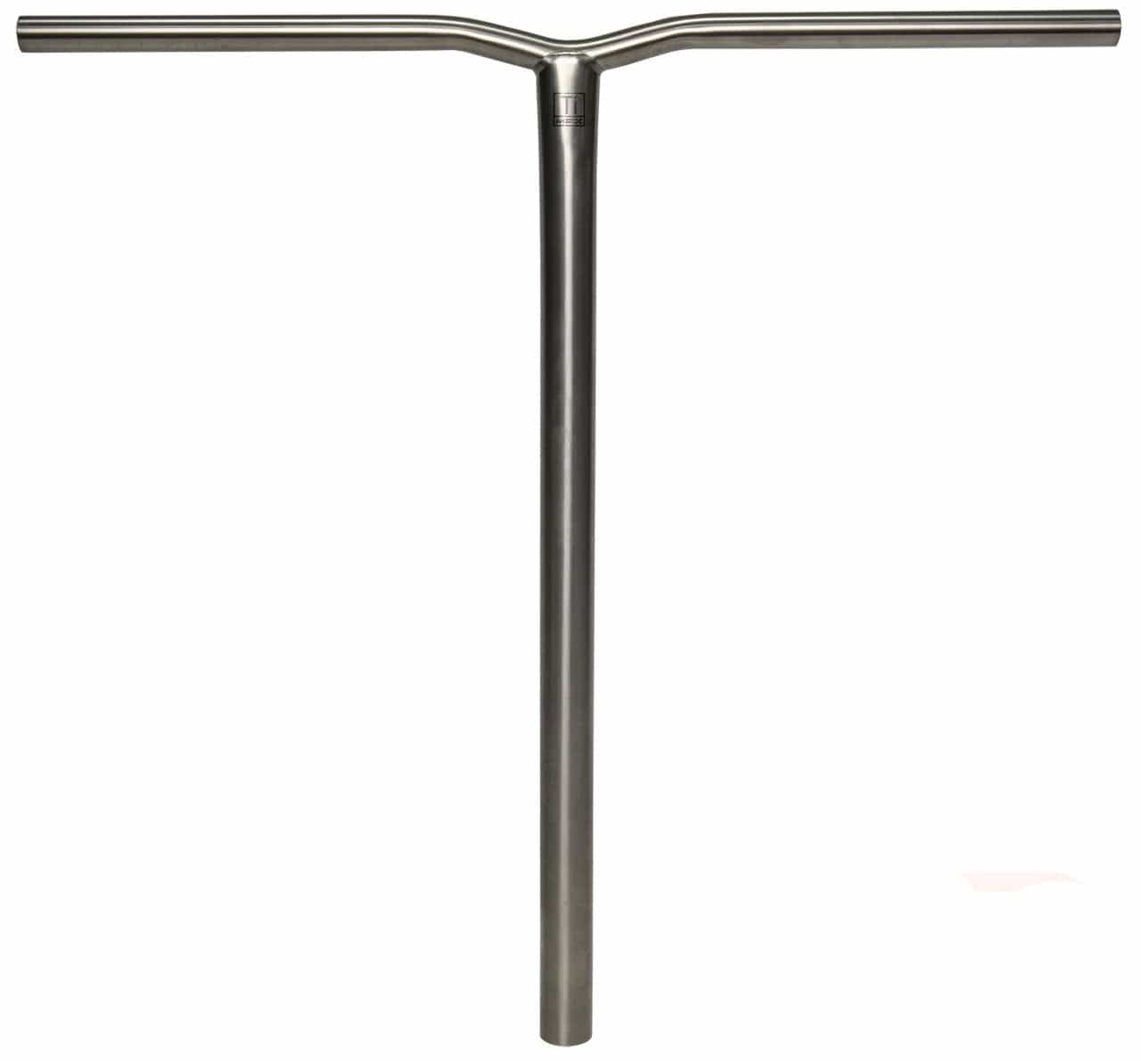 The handlebar, a Madd Gear MGP MFX BAMF Titanium Oversized SCS Stunt Scooter Bar, features a sleek T-shaped design crafted from Grade 9 Titanium to ensure durability and strength. Its smooth finish enhances its sophisticated aesthetic, making it the perfect choice for those seeking high-quality scooter bars without extra grips or features.