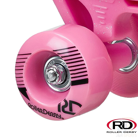 Close-up of a pink camo quad skate wheel with black stripes and "Roller Derby" branding, crafted from durable polyurethane as part of the Roller Derby Firestar V2 Quad Roller Skates. There's a visible axle bolt in the center, and the RD and Roller Derby J&R Sports logos are positioned in the bottom right corner.