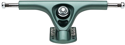 The Paris V3 Sage Green Longboard Trucks, manufactured using a proprietary alloy forming process and refined with T6 heat treatment, feature a sage green finish with "Paris Trucks" prominently engraved on the baseplate. They are complemented by a polished central kingpin, with axles extending from either side.