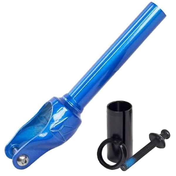 The Blunt Envy Colt IHC Stunt Scooter Forks in Trans Blue are designed with a bolt hole at the bottom and include a black compression ring and bolt, ideal for connecting to a scooter's front wheel. They are compatible with IHC compression systems, ensuring durable assembly and smooth performance during your ride.