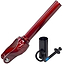 The Blunt Envy Colt IHC Stunt Scooter Forks in Trans Red, accompanied by a matching red clamp, a black spacer, and a bolt with a blue thread section, are set against a white background. This arrangement is ideal for riders who appreciate the Blunt Envy Colt aesthetic.