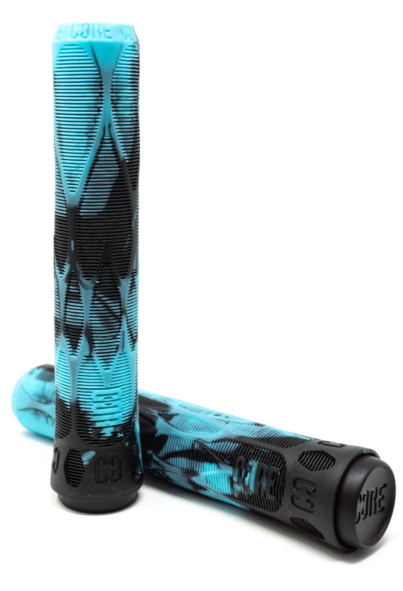 The CORE Pro scooter grips, featuring an Arctic Teal and Black pattern, stand elegantly against a white background. These 170mm handles are designed for stunt scooters with textured surfaces and proudly display the "CORE" logo. Crafted from a shock-absorbing compound to enhance impact protection, they are positioned upright and leaning against one another.