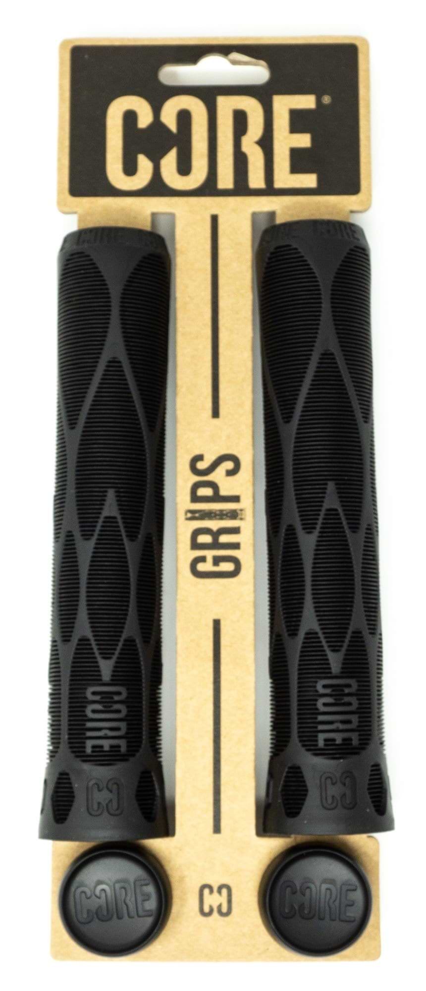 The CORE Pro Black Stunt Scooter Grips - 170mm, presented on a tan cardboard backing labeled "CORE GRIPS," feature a textured design that ensures impact protection and durability.