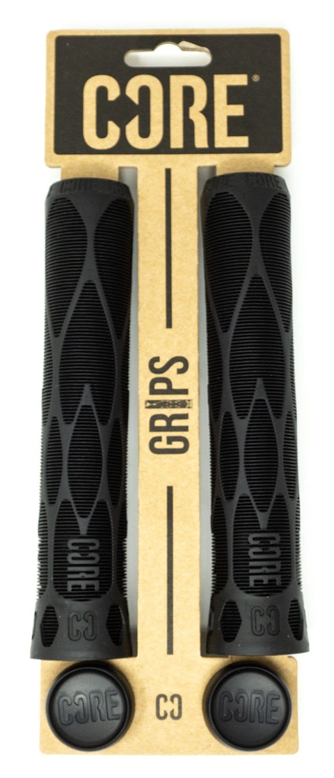 The CORE Pro Black Stunt Scooter Grips - 170mm, presented on a tan cardboard backing labeled "CORE GRIPS," feature a textured design that ensures impact protection and durability.