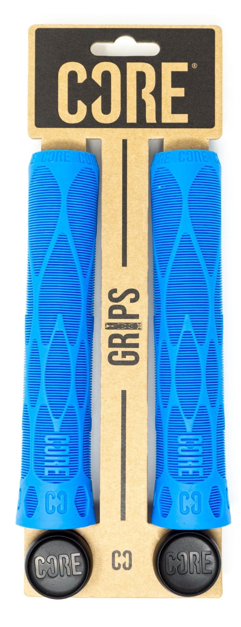 CORE Pro Blue Stunt Scooter Grips - 170mm, featuring a textured pattern, are displayed on cardboard packaging labeled "CORE Grips." These grips are made with a shock-absorbing compound for enhanced impact protection and come with black end caps showcasing the "C3" logo.