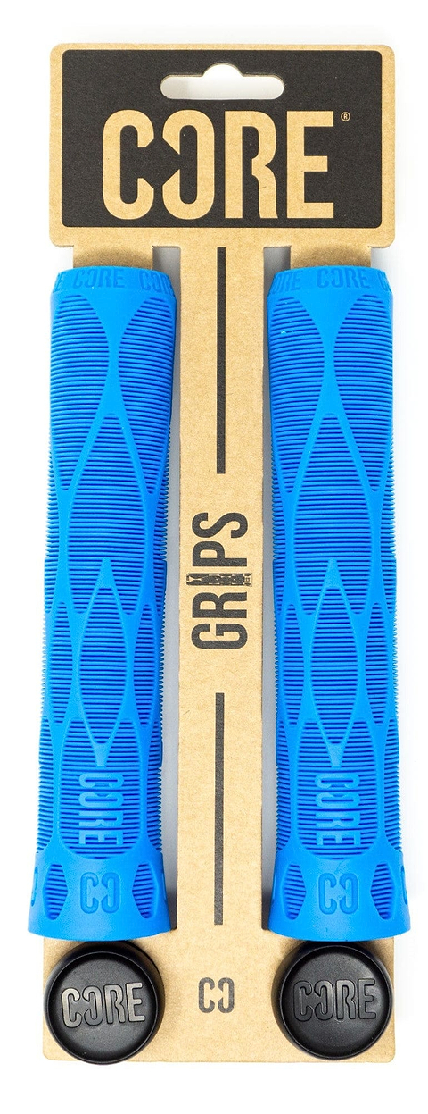 CORE Pro Blue Stunt Scooter Grips - 170mm, featuring a textured pattern, are displayed on cardboard packaging labeled "CORE Grips." These grips are made with a shock-absorbing compound for enhanced impact protection and come with black end caps showcasing the "C3" logo.