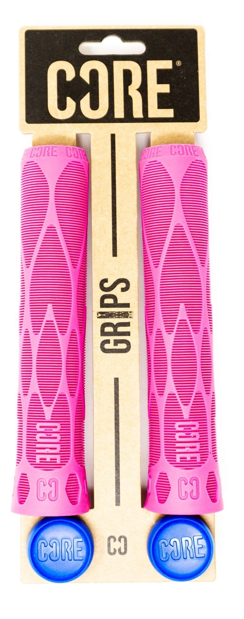 The packaging showcases the CORE Pro Pink Stunt Scooter Grips - 170mm from CORE, featuring a textured surface tailored for comfort and impact protection. Mounted vertically on a cardboard backing, they are accompanied by two blue end caps at the bottom. Perfectly designed for stunt scooters, these grips feature a shock-absorbing compound to enhance performance.