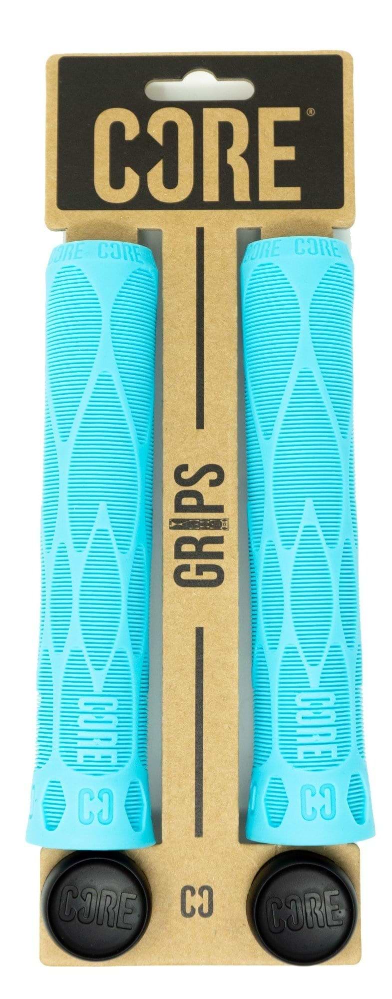 A set of teal scooter grips designed with a textured pattern and shock-absorbing material, mounted on a brown cardboard display labeled "CORE Pro." The package includes two 170mm grips with tapered ends and two black end caps marked "C3.