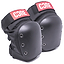 The CORE Pro Street Knee Skate Protection Pads in black feature hard shell covers and metal rivets, crafted with breathable neoprene for comfort. Each pad includes a distinctive red label with "CORE" printed in white. They are displayed side by side on a pristine white background, ensuring both durability and style.